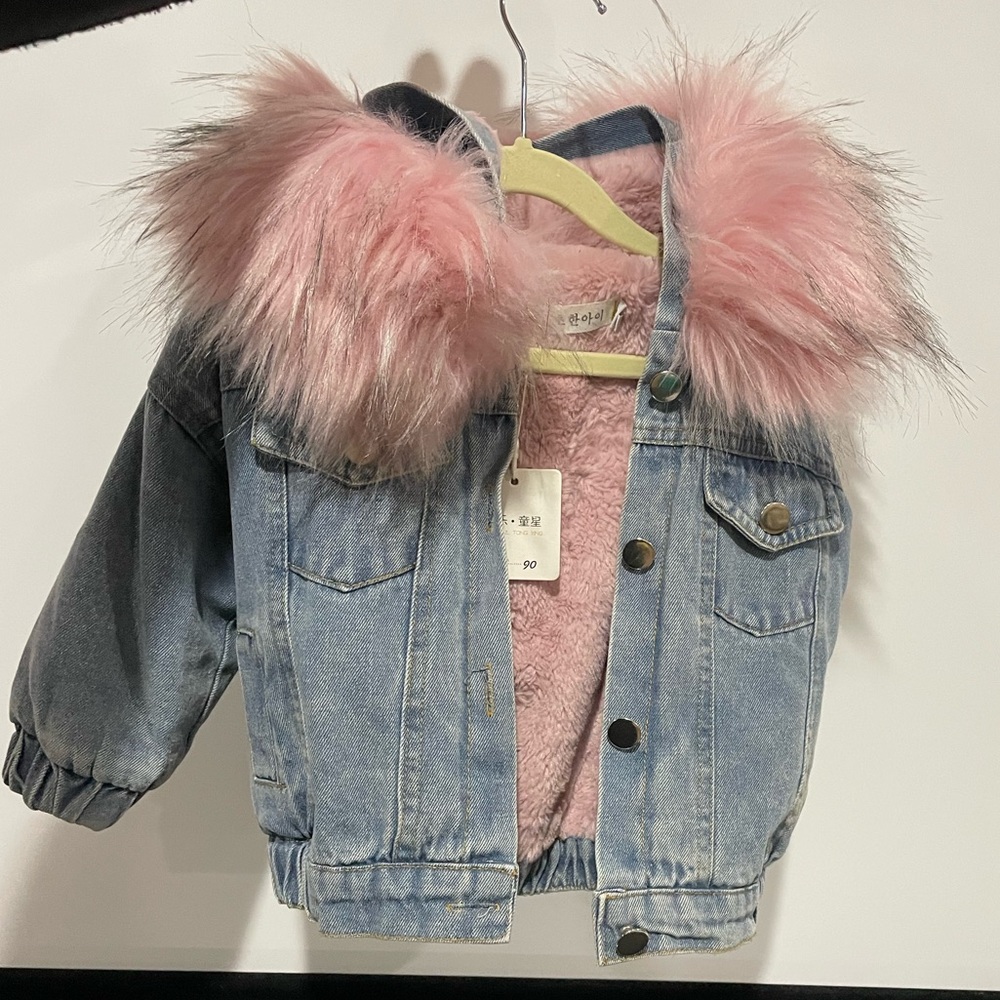 Pink faux fur & denim jacket fleece lined